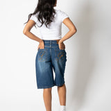 Mid Indigo Wash Denim Jorts With Back Pocket Embroidery - Liquor n Poker