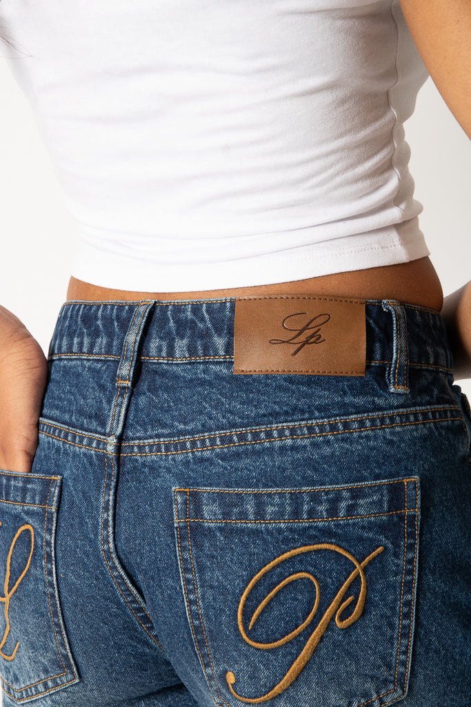 Mid Indigo Wash Denim Jorts With Back Pocket Embroidery - Liquor n Poker