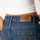 Mid Indigo Wash Denim Jorts With Back Pocket Embroidery - Liquor n Poker