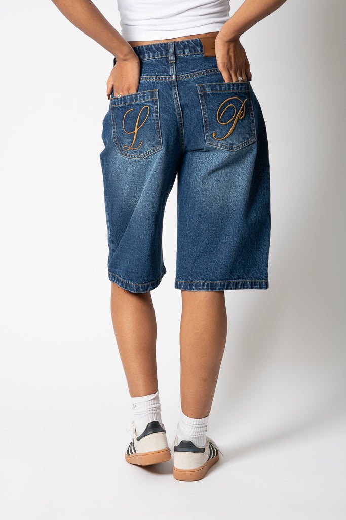 Mid Indigo Wash Denim Jorts With Back Pocket Embroidery - Liquor n Poker
