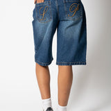 Mid Indigo Wash Denim Jorts With Back Pocket Embroidery - Liquor n Poker
