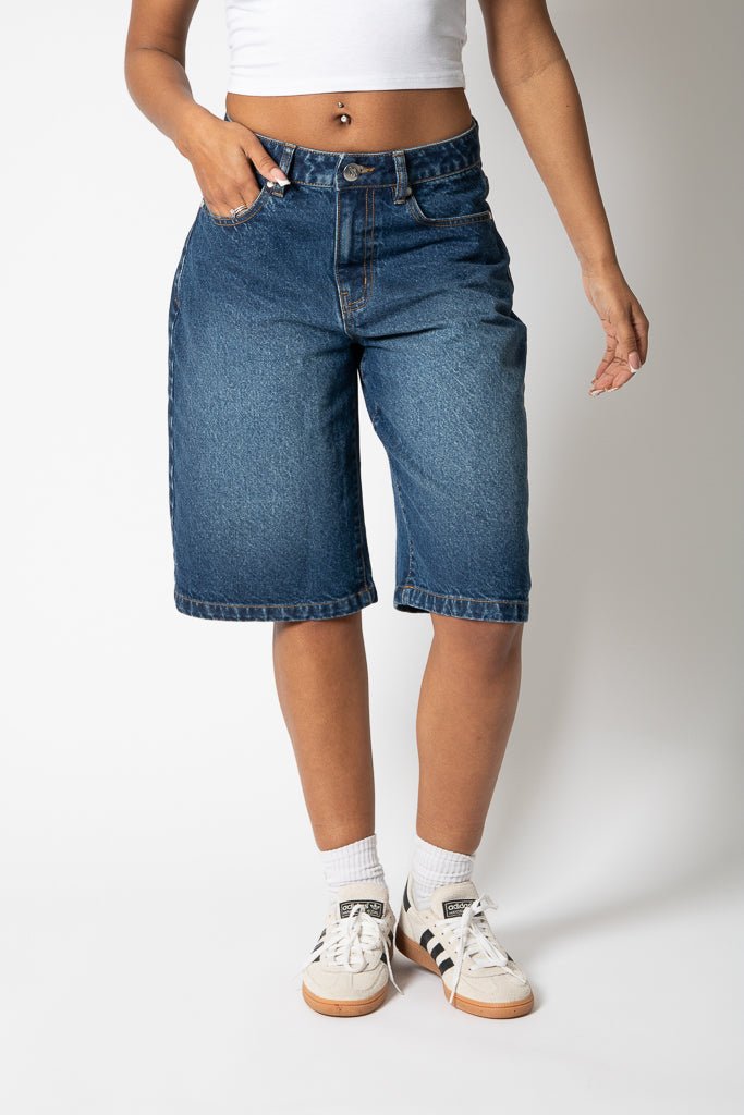 Mid Indigo Wash Denim Jorts With Back Pocket Embroidery - Liquor n Poker