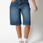 Mid Indigo Wash Denim Jorts With Back Pocket Embroidery - Liquor n Poker