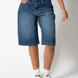Mid Indigo Wash Denim Jorts With Back Pocket Embroidery - Liquor n Poker