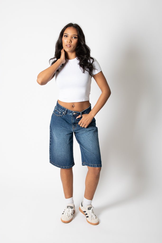 Mid Indigo Wash Denim Jorts With Back Pocket Embroidery - Liquor n Poker