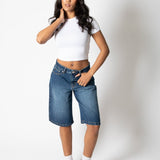 Mid Indigo Wash Denim Jorts With Back Pocket Embroidery - Liquor n Poker