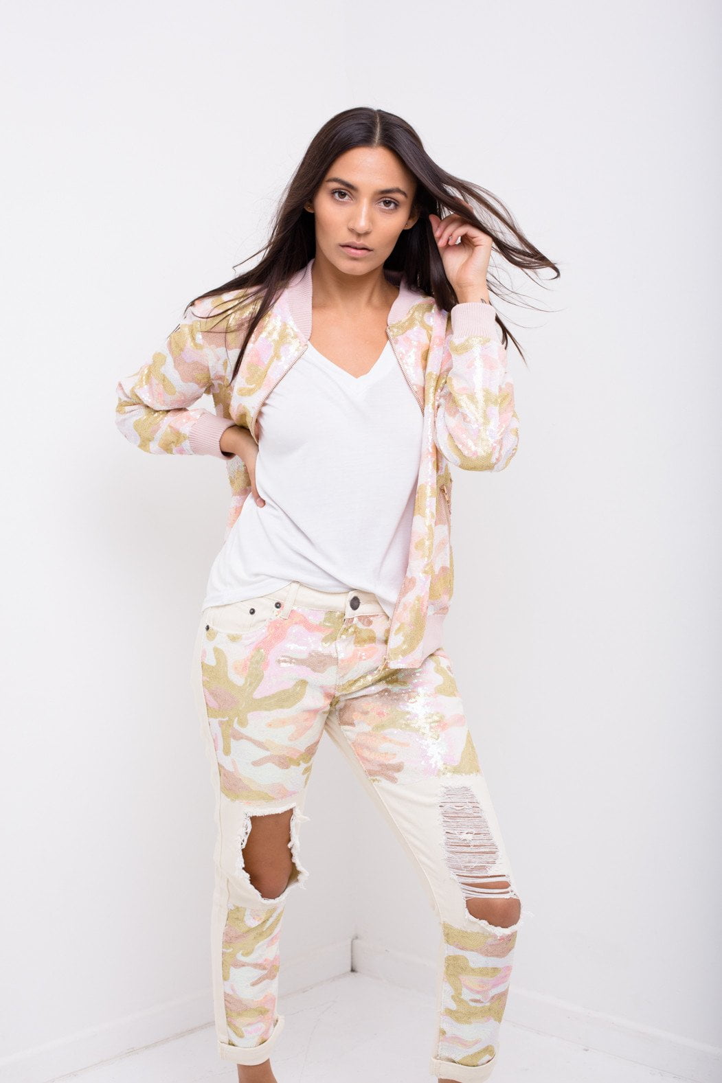 Midori Boyfriend Jean In Ecru Twill With Pink Camo Sequin - Liquor n Poker