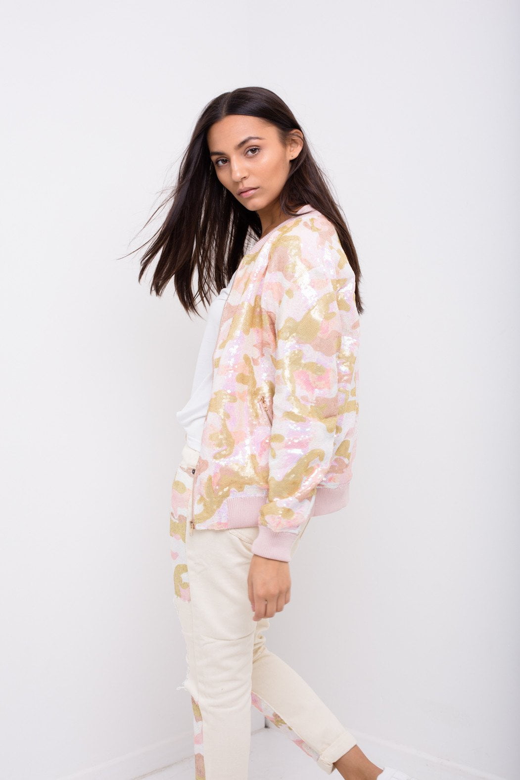 Midori Boyfriend Jean In Ecru Twill With Pink Camo Sequin - Liquor n Poker