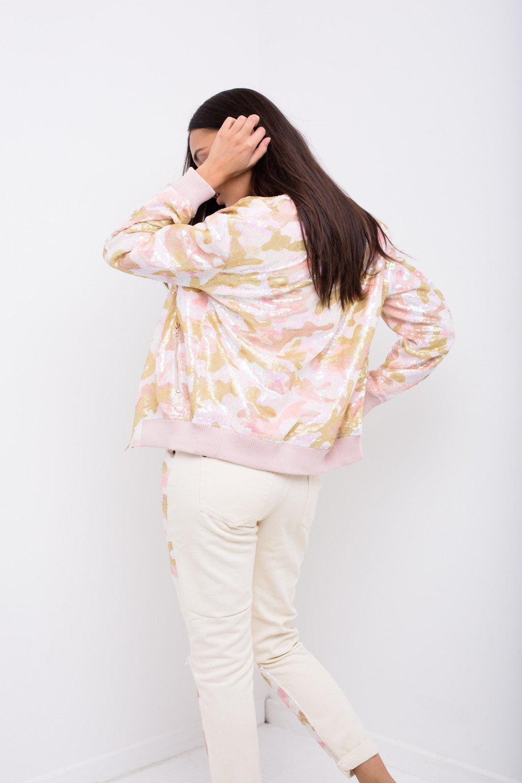 Midori Boyfriend Jean In Ecru Twill With Pink Camo Sequin - Liquor n Poker