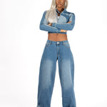 Multi Blue Denim Contrast Panel Crop Denim Jacket - Liquor n Poker