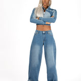 Multi Blue Denim Contrast Panel Crop Denim Jacket - Liquor n Poker