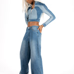 Multi Blue Denim Contrast Panel Crop Denim Jacket - Liquor n Poker