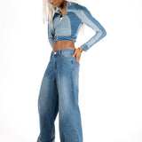 Multi Blue Denim Contrast Panel Crop Denim Jacket - Liquor n Poker