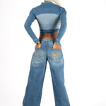 Multi Blue Denim Contrast Panel Crop Denim Jacket - Liquor n Poker