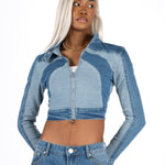 Multi Blue Denim Contrast Panel Crop Denim Jacket - Liquor n Poker
