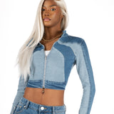 Multi Blue Denim Contrast Panel Crop Denim Jacket - Liquor n Poker