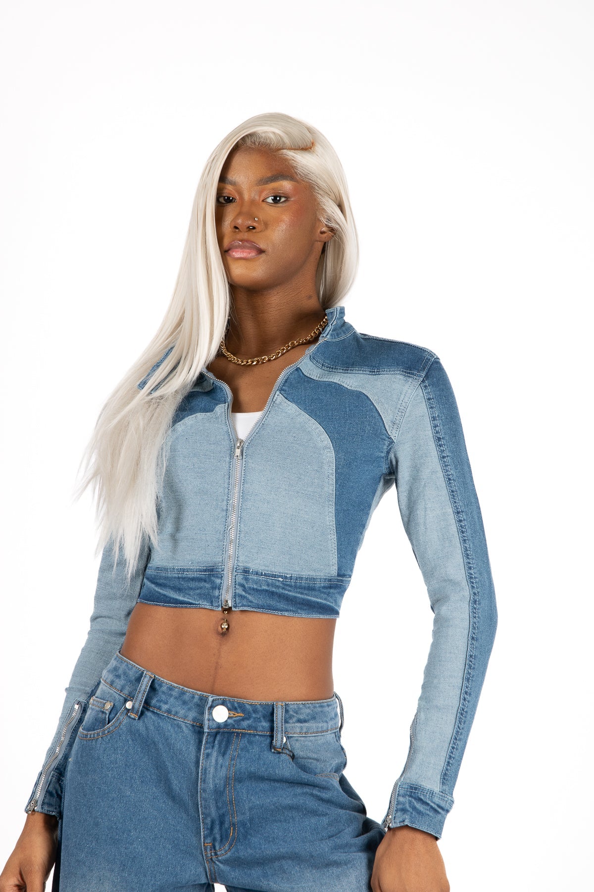 Multi Blue Denim Contrast Panel Crop Denim Jacket - Liquor n Poker
