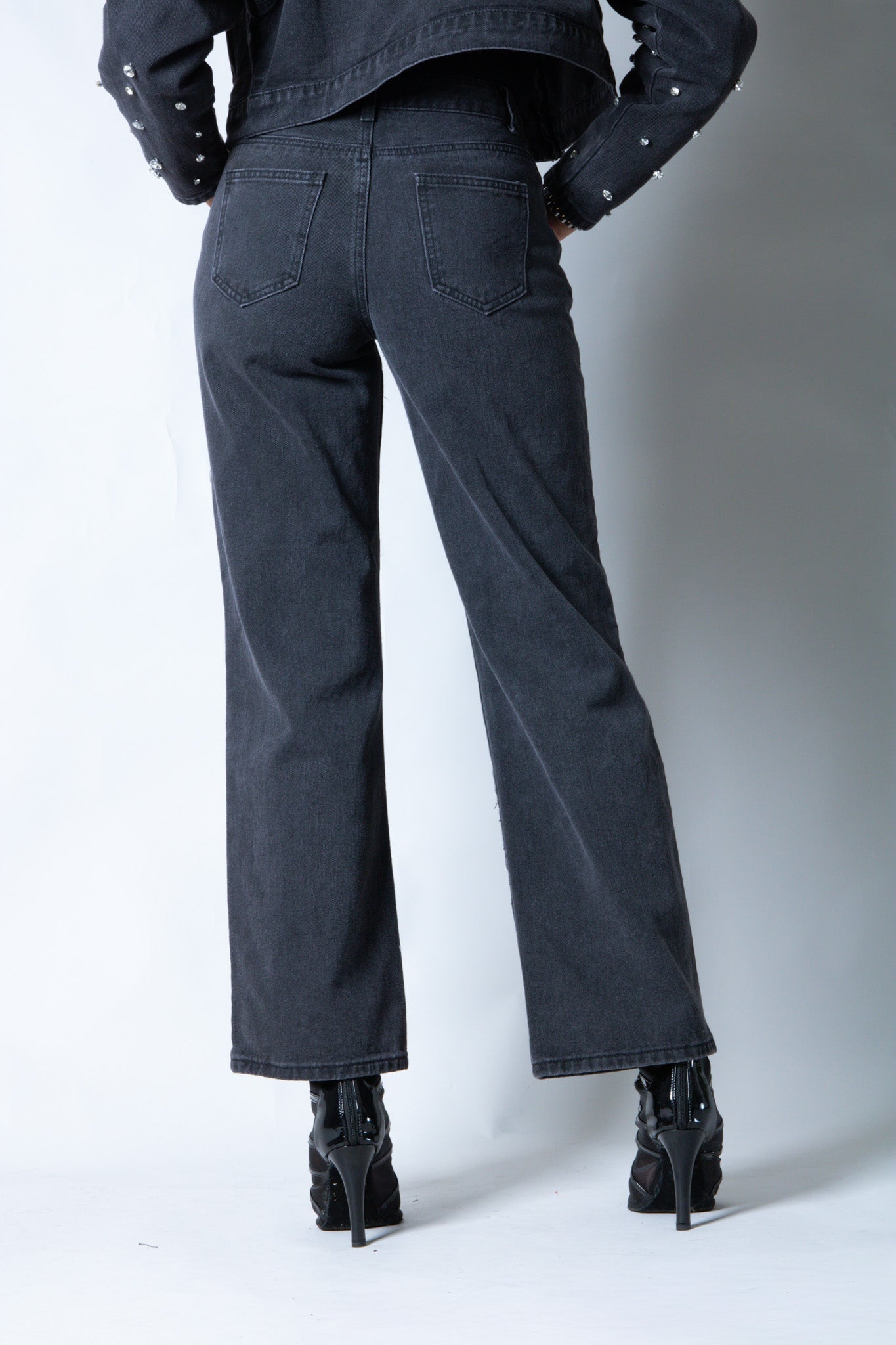 Nola Straight Leg Mid Rise Embellished Jeans in Black - Liquor n Poker