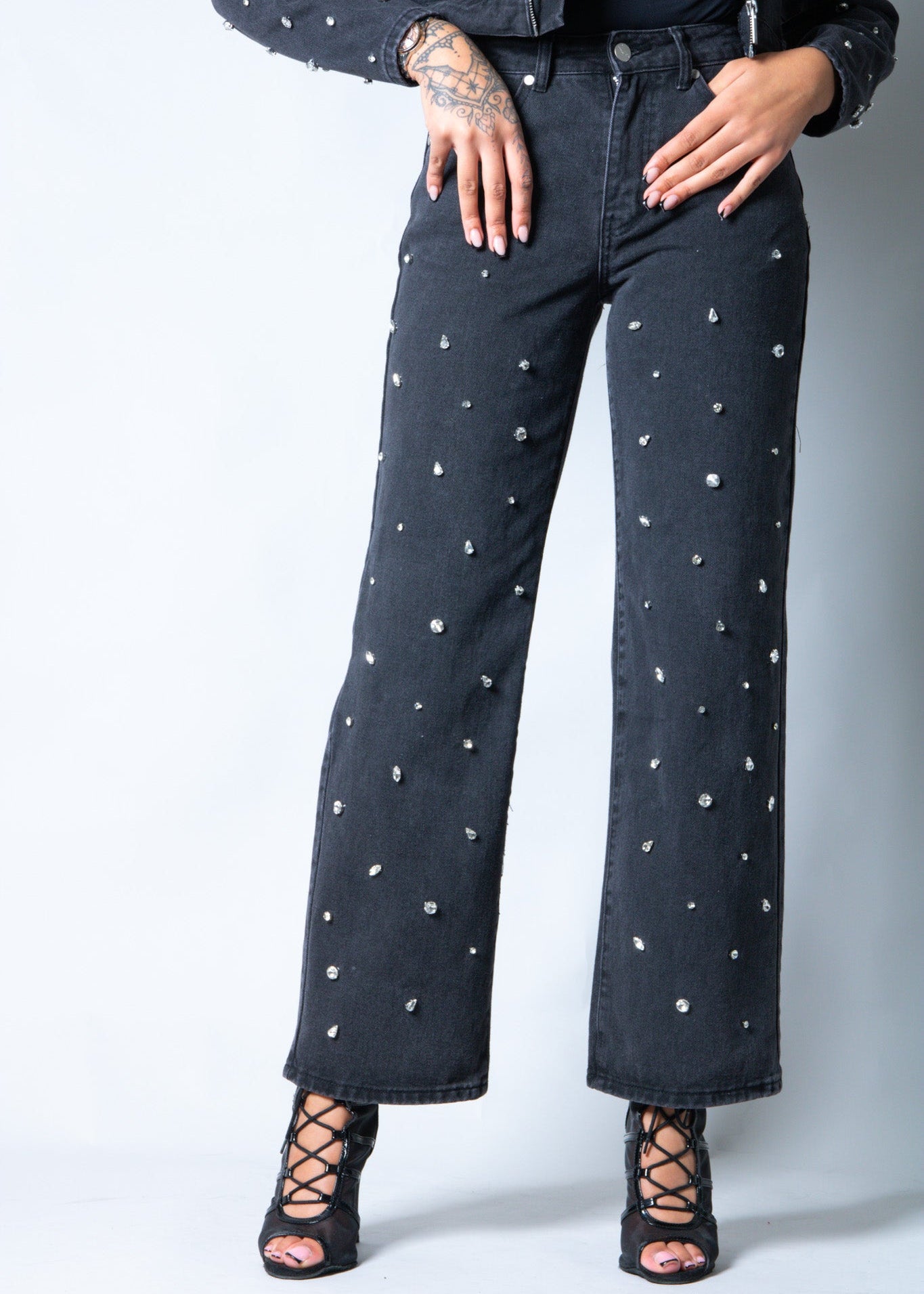 Nola Straight Leg Mid Rise Embellished Jeans in Black - Liquor n Poker