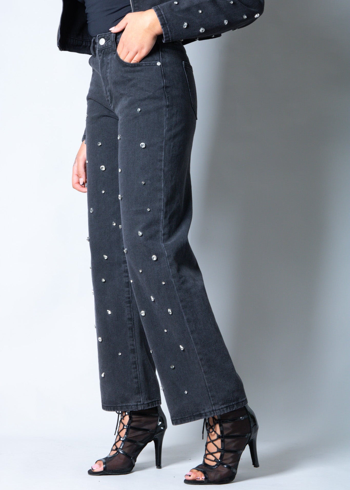 Nola Straight Leg Mid Rise Embellished Jeans in Black - Liquor n Poker