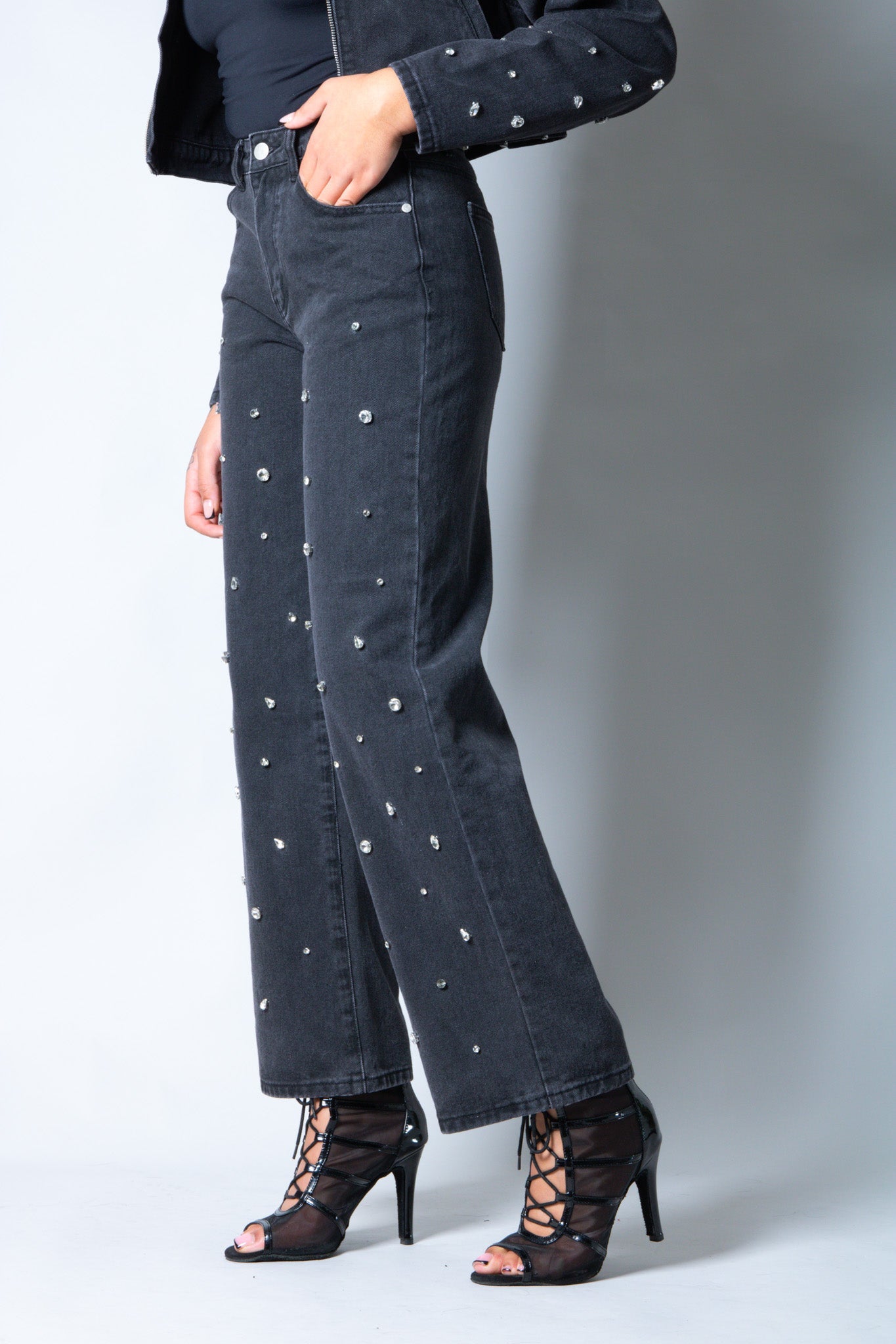 Nola Straight Leg Mid Rise Embellished Jeans in Black - Liquor n Poker