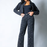 Nola Straight Leg Mid Rise Embellished Jeans in Black - Liquor n Poker