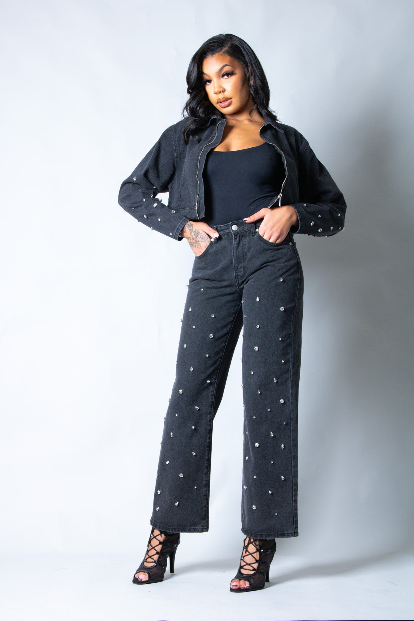 Nola Straight Leg Mid Rise Embellished Jeans in Black - Liquor n Poker
