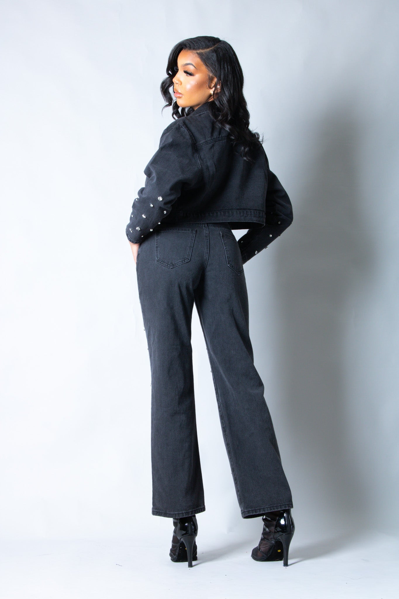 Nola Straight Leg Mid Rise Embellished Jeans in Black - Liquor n Poker