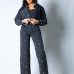Nola Straight Leg Mid Rise Embellished Jeans in Black - Liquor n Poker