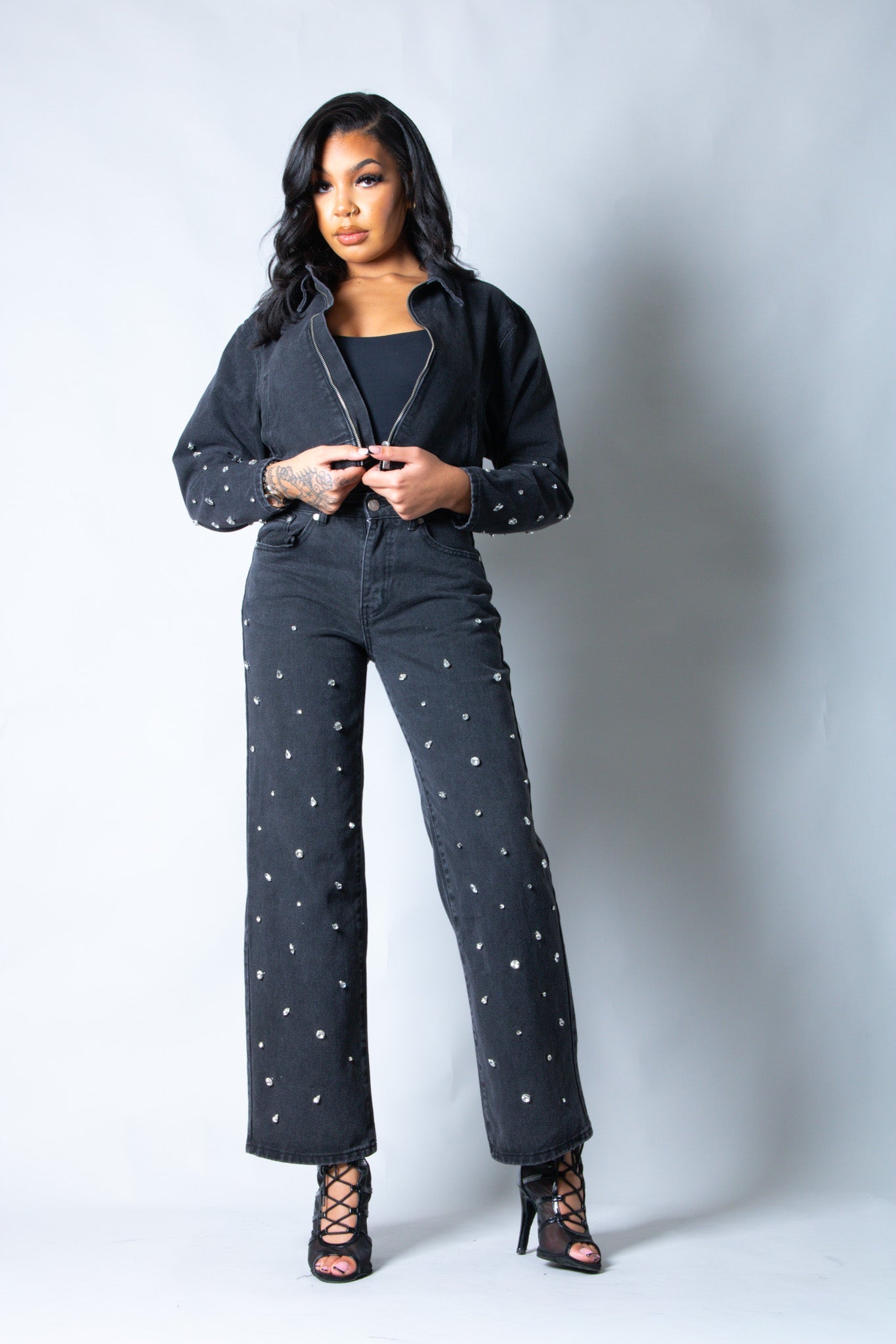 Nola Straight Leg Mid Rise Embellished Jeans in Black - Liquor n Poker