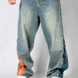 ONYX - Zip - Down Check Baggy Jeans with Blue & Orange Check Panel - Liquor n Poker