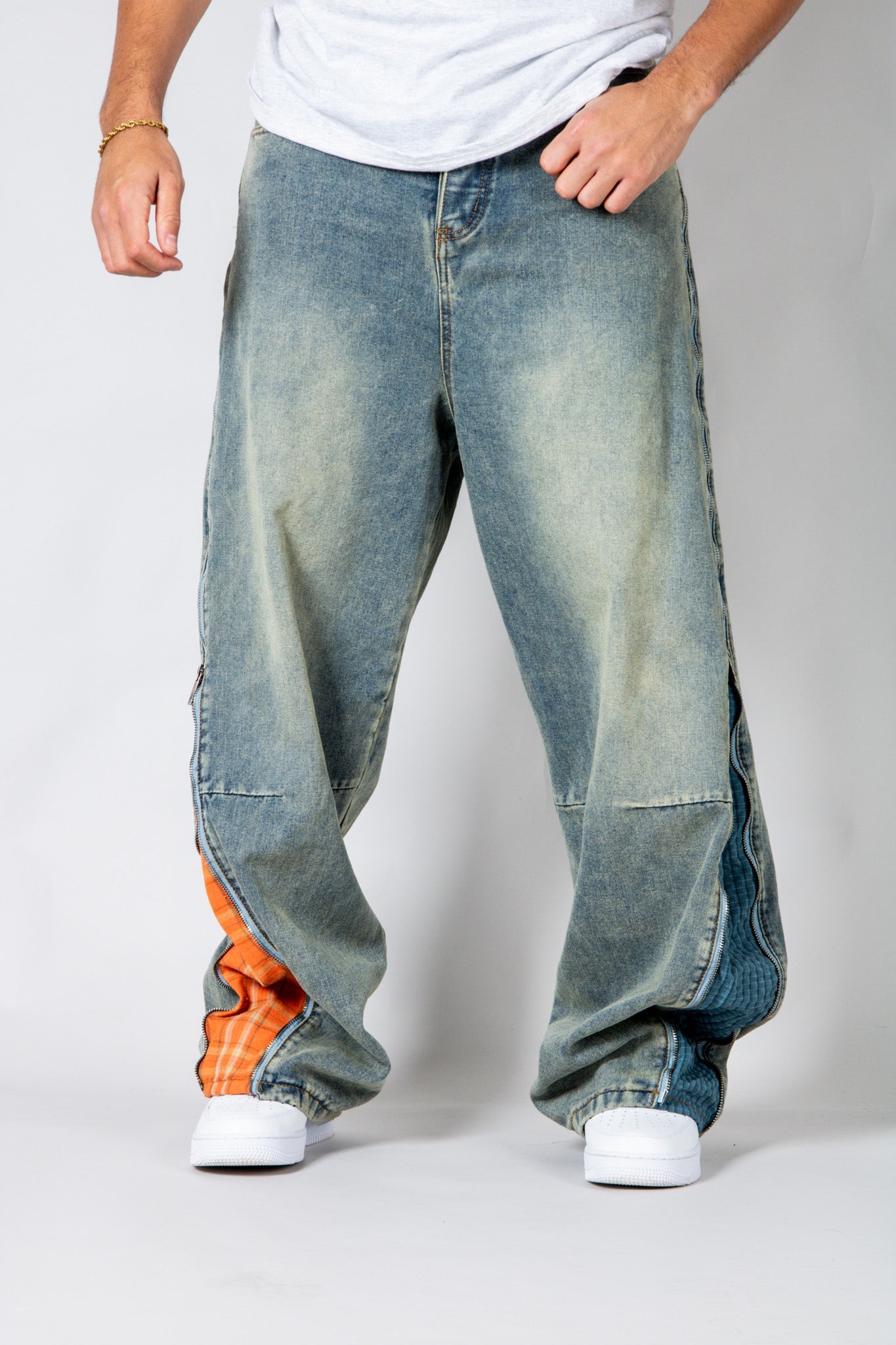 ONYX - Zip - Down Check Baggy Jeans with Blue & Orange Check Panel - Liquor n Poker