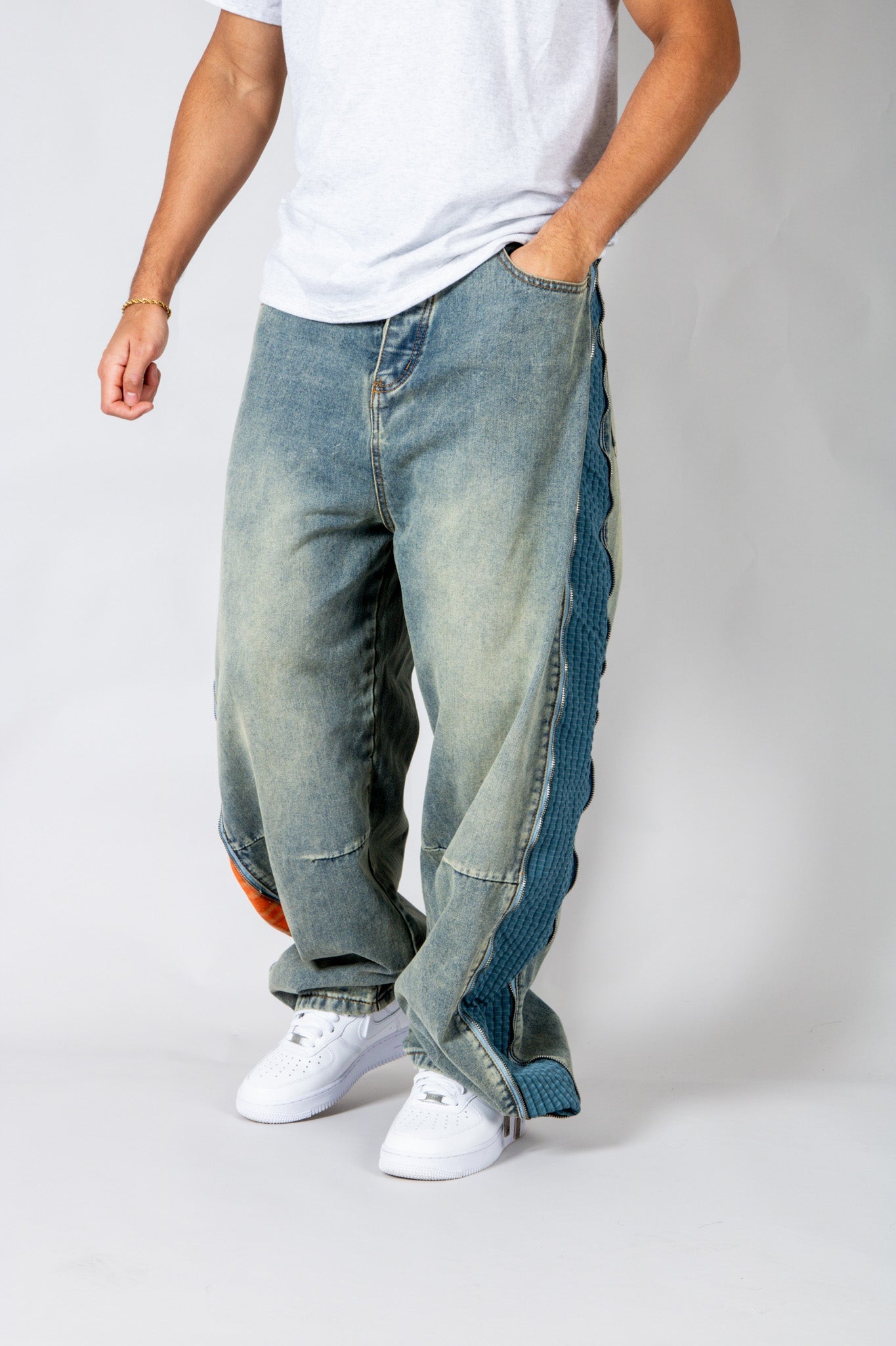 ONYX - Zip - Down Check Baggy Jeans with Blue & Orange Check Panel - Liquor n Poker