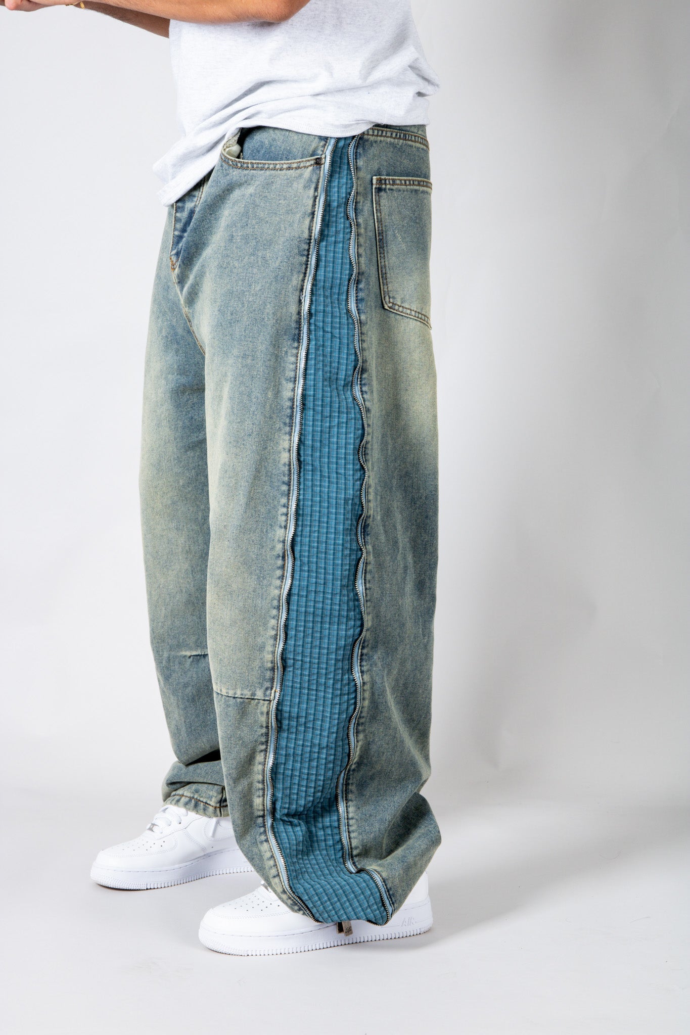 ONYX - Zip - Down Check Baggy Jeans with Blue & Orange Check Panel - Liquor n Poker