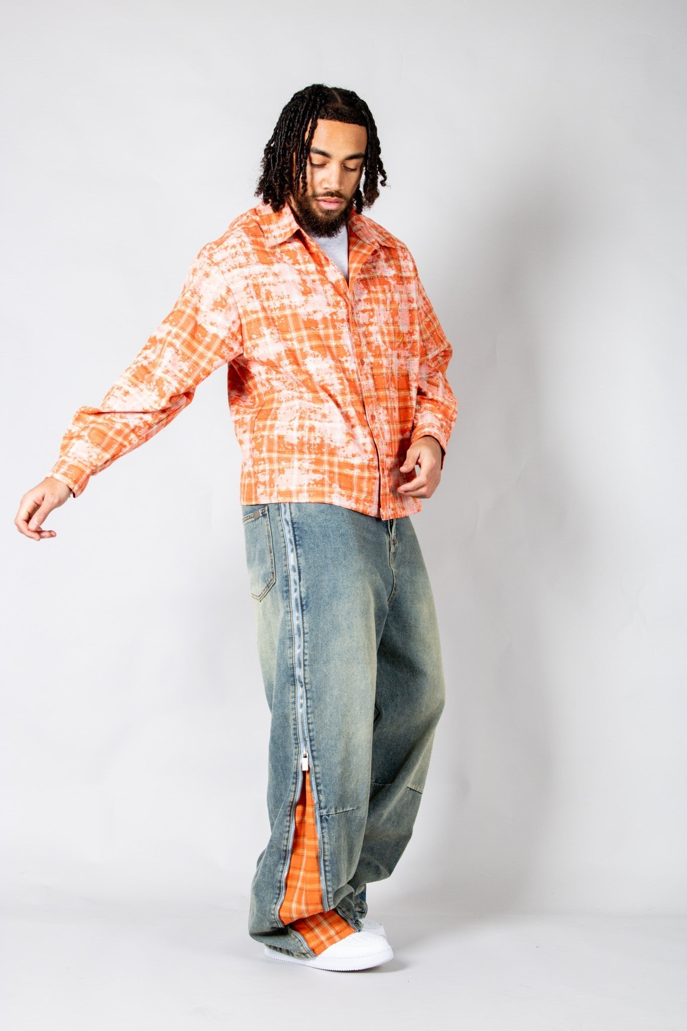 ONYX - Zip - Down Check Baggy Jeans with Blue & Orange Check Panel - Liquor n Poker