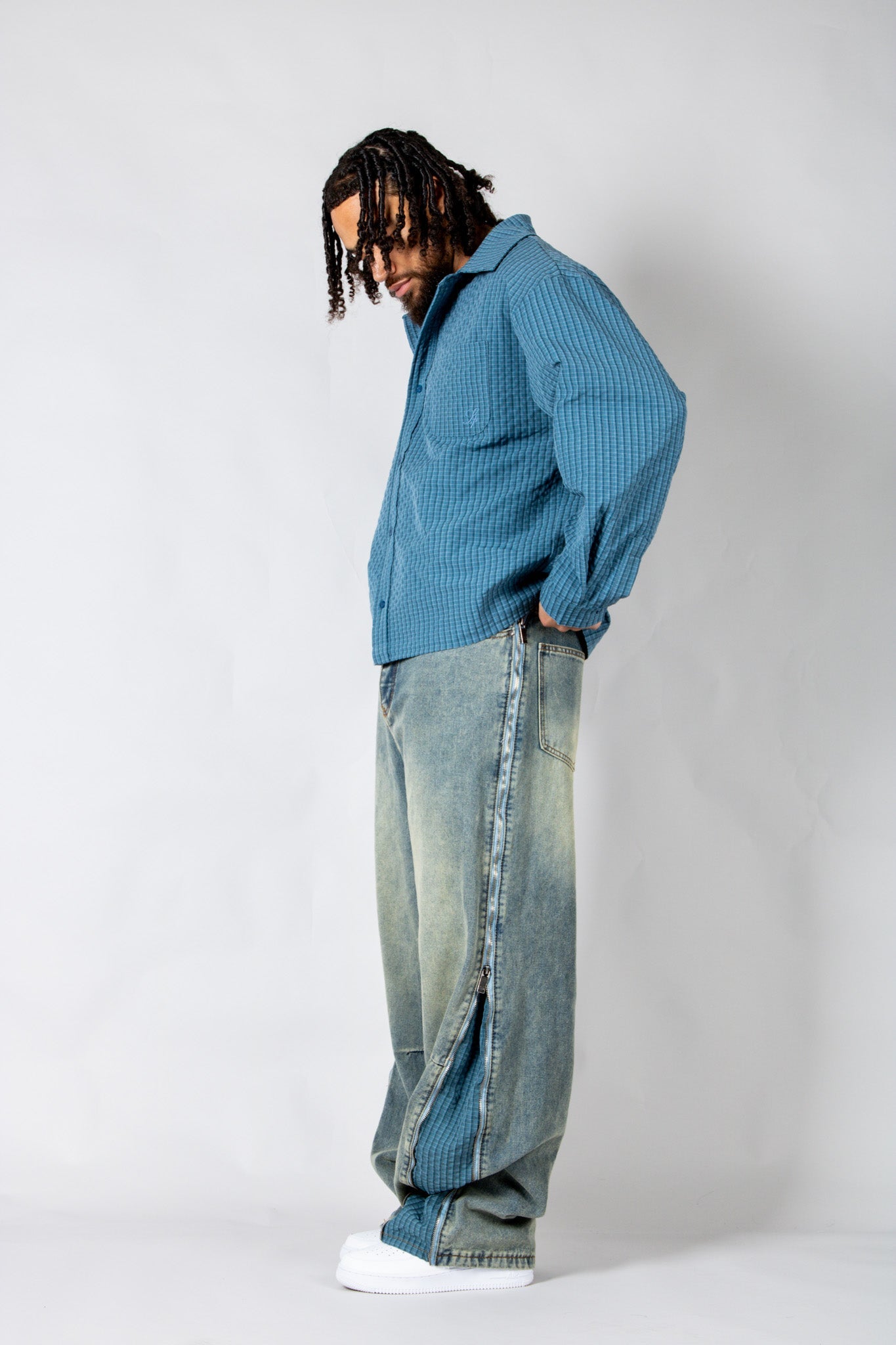 ONYX - Zip - Down Check Baggy Jeans with Blue & Orange Check Panel - Liquor n Poker