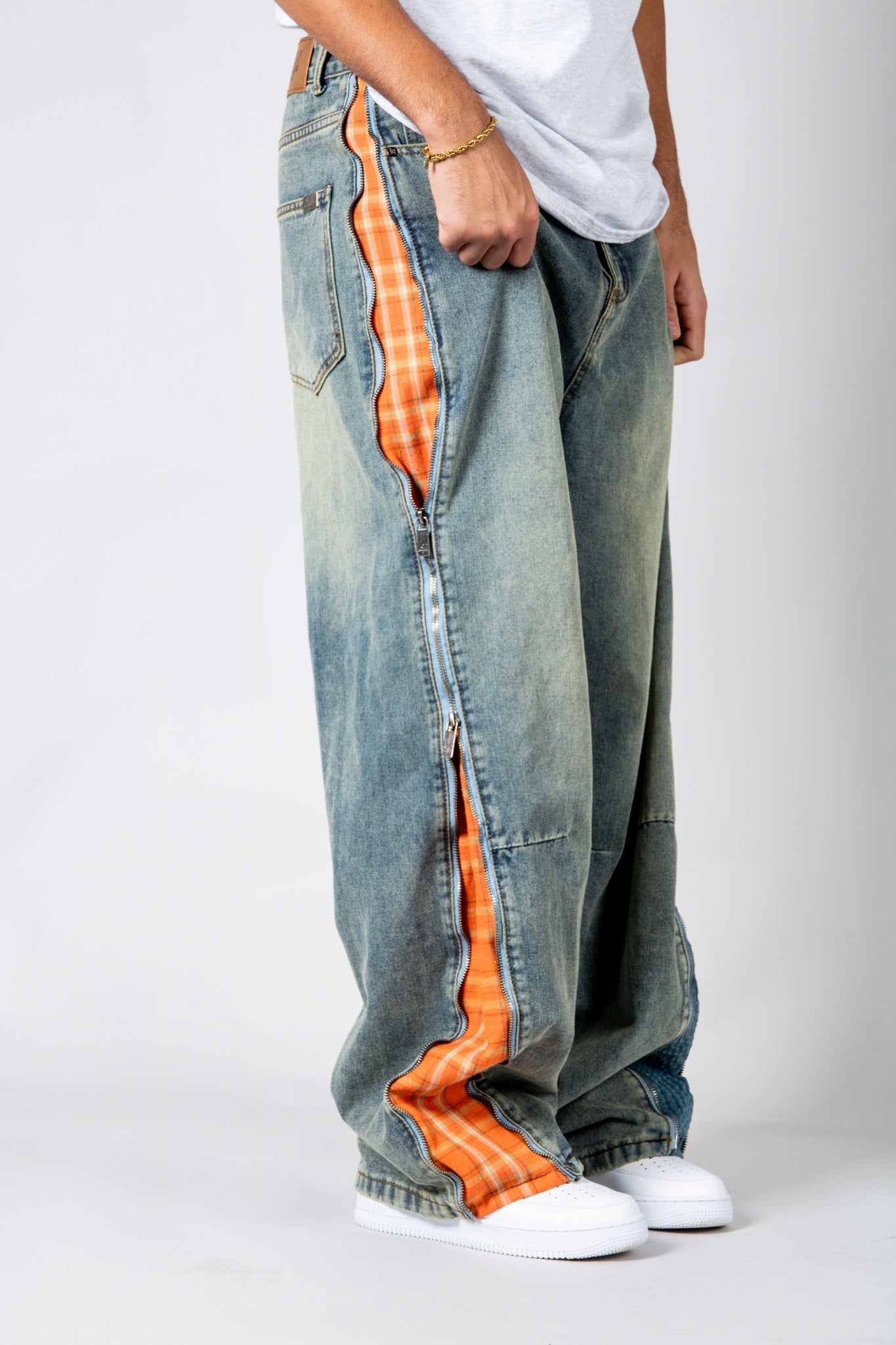 ONYX - Zip - Down Check Baggy Jeans with Blue & Orange Check Panel - Liquor n Poker