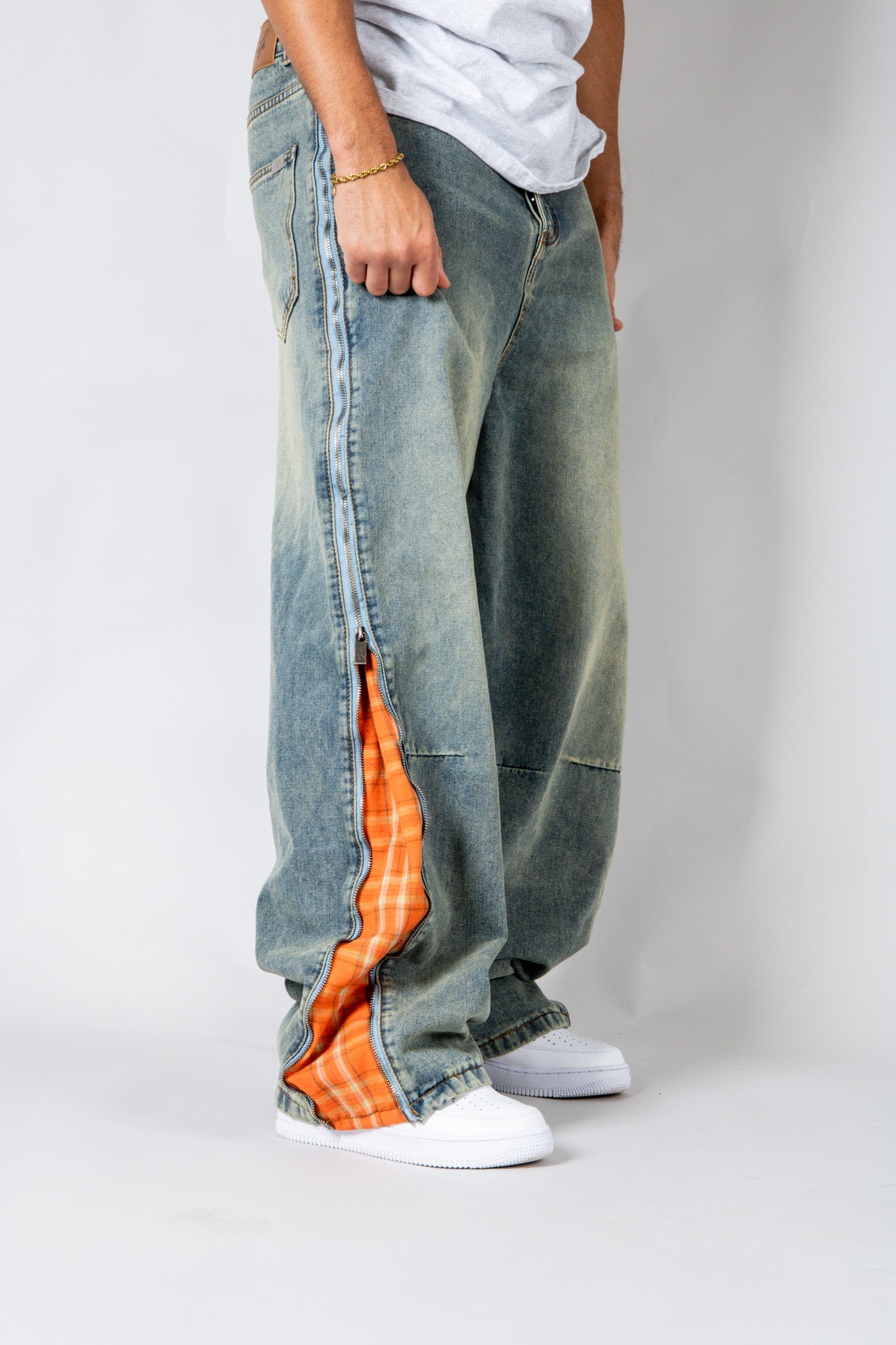 ONYX - Zip - Down Check Baggy Jeans with Blue & Orange Check Panel - Liquor n Poker