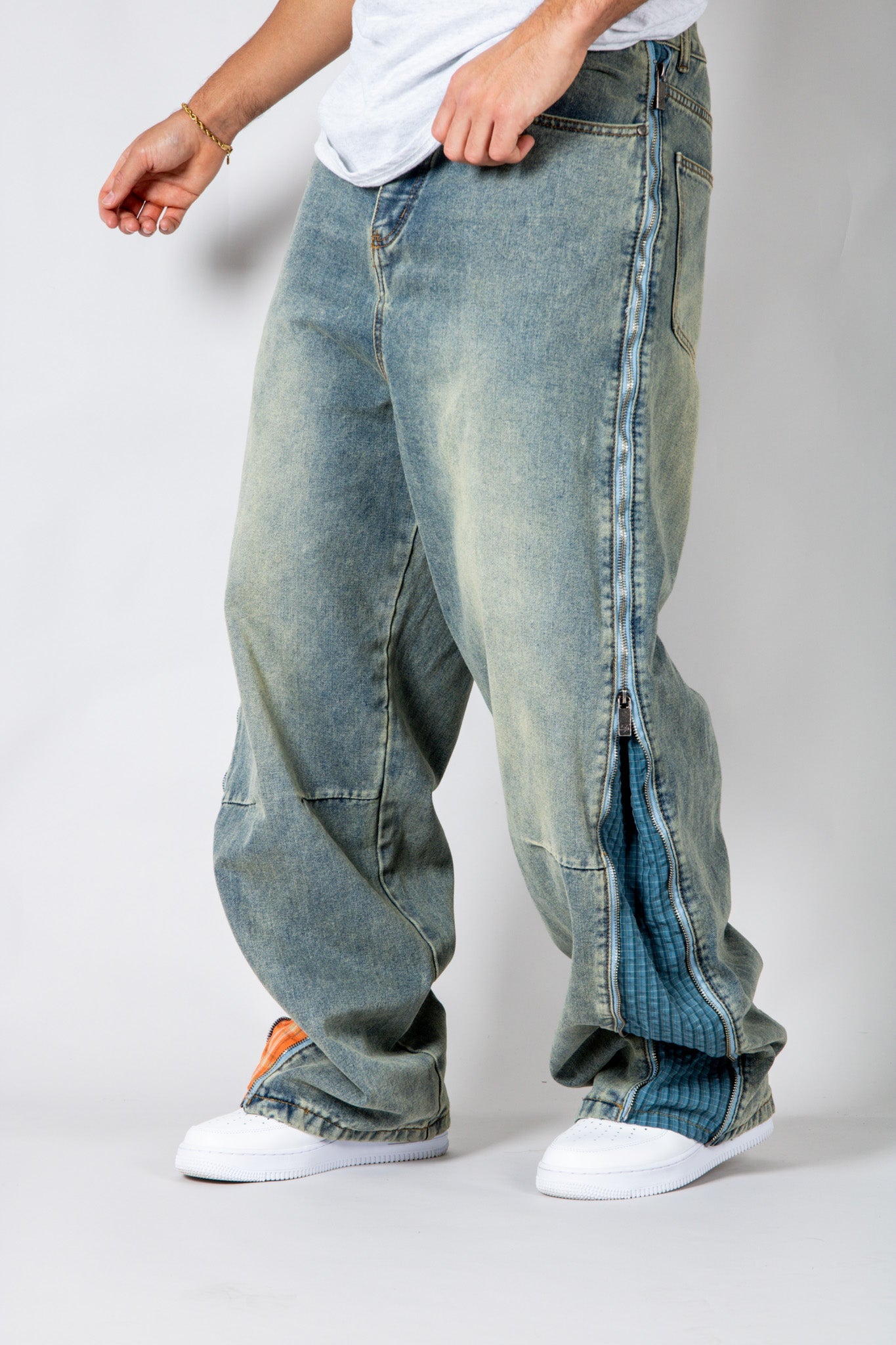 ONYX - Zip - Down Check Baggy Jeans with Blue & Orange Check Panel - Liquor n Poker