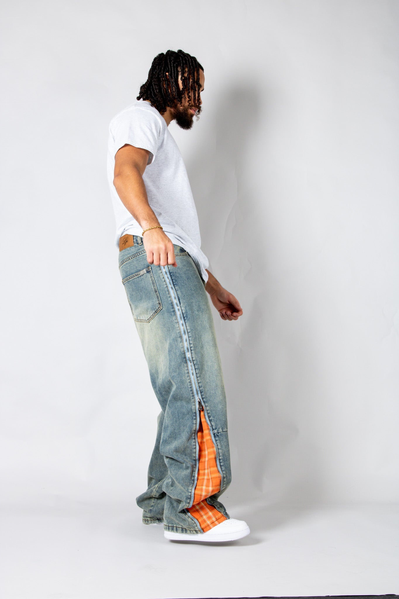 ONYX - Zip - Down Check Baggy Jeans with Blue & Orange Check Panel - Liquor n Poker