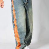 ONYX - Zip - Down Check Baggy Jeans with Blue & Orange Check Panel - Liquor n Poker