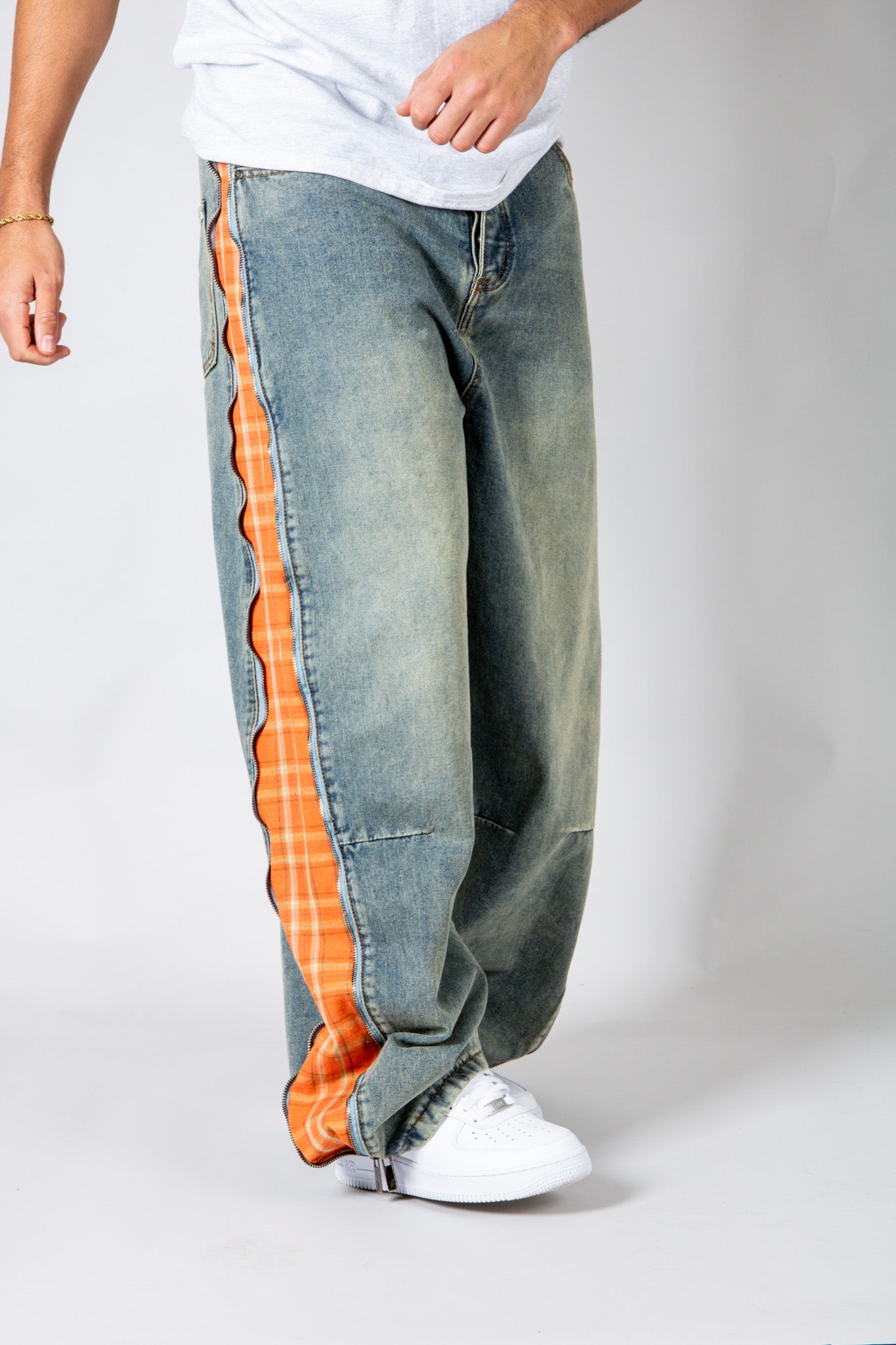 ONYX - Zip - Down Check Baggy Jeans with Blue & Orange Check Panel - Liquor n Poker