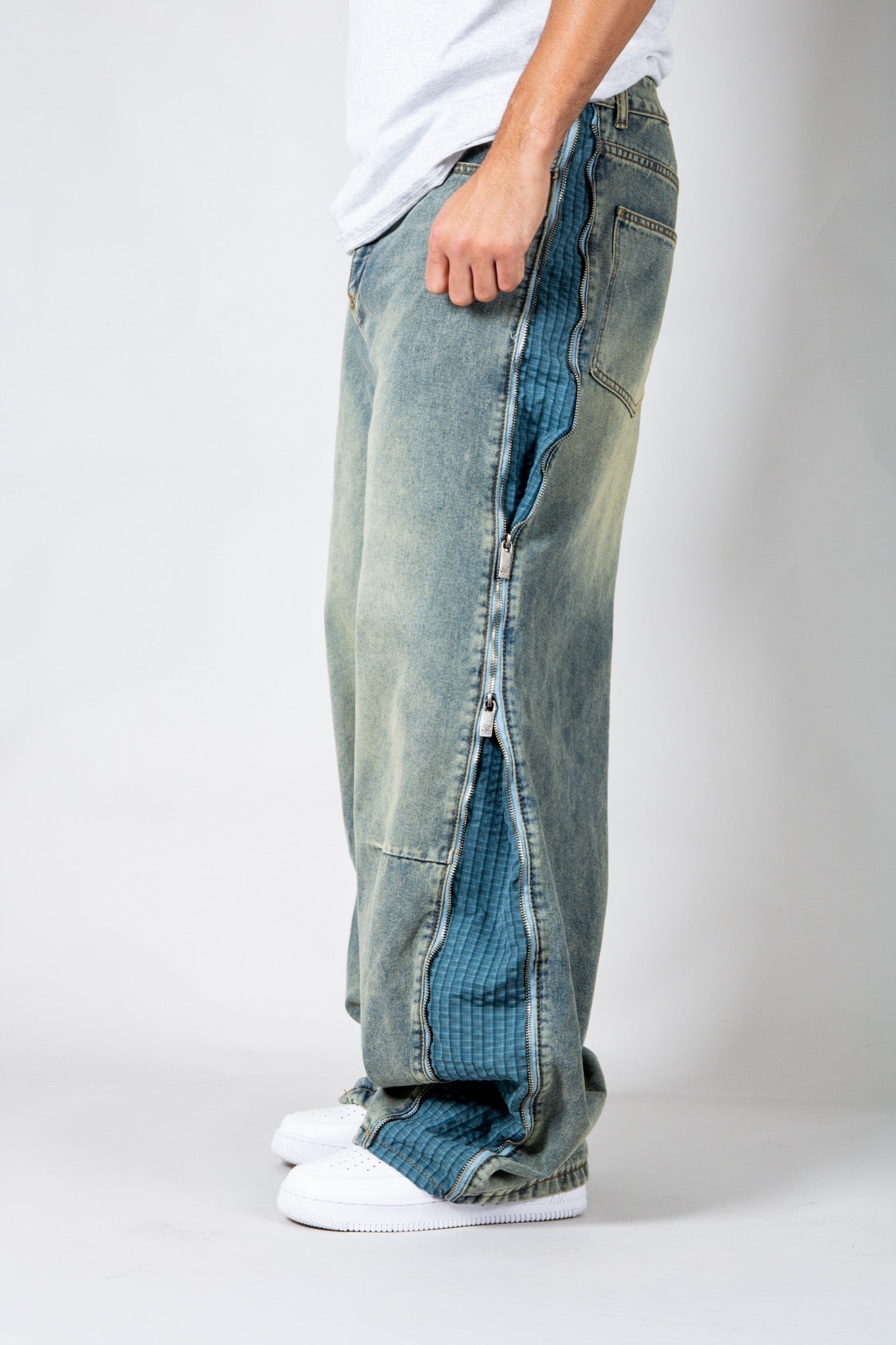 ONYX - Zip - Down Check Baggy Jeans with Blue & Orange Check Panel - Liquor n Poker