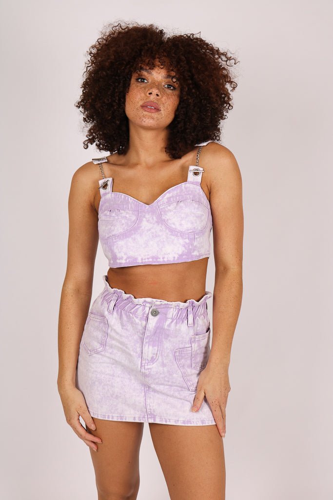 Outta Limits Denim Mini Skirt In Lilac Acid Wash - Liquor n Poker