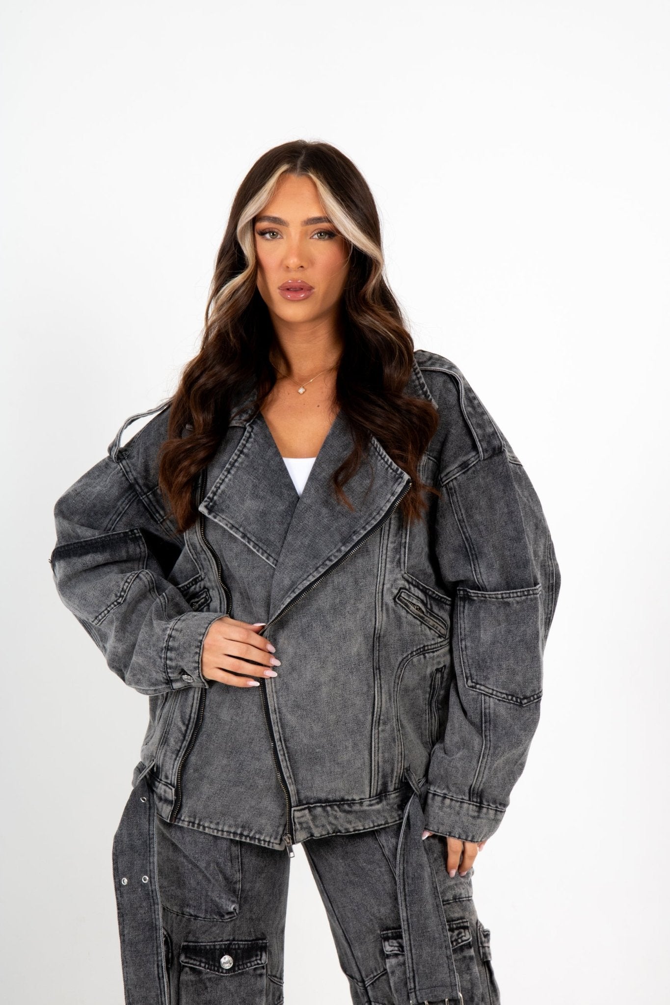 Oversized Acid Wash Black Denim Biker Jacket - Liquor n Poker