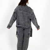 Oversized Acid Wash Black Denim Biker Jacket - Liquor n Poker