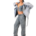 Oversized Acid Wash Blue Denim Biker Jacket - Liquor n Poker