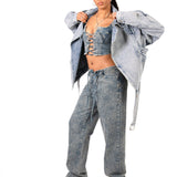 Oversized Acid Wash Blue Denim Biker Jacket - Liquor n Poker