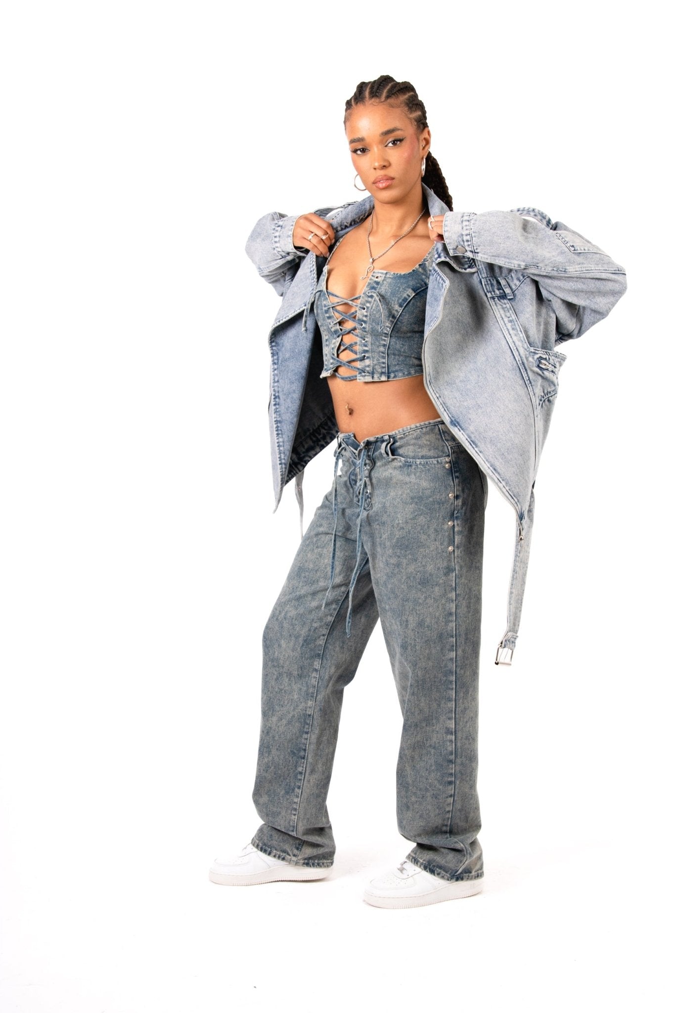 Oversized Acid Wash Blue Denim Biker Jacket - Liquor n Poker