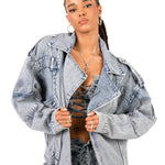 Oversized Acid Wash Blue Denim Biker Jacket - Liquor n Poker